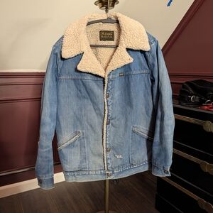MAVERICK RANCH COAT 1970s Vintage Denim Shearling Lined Western Jacket XL MiUSA